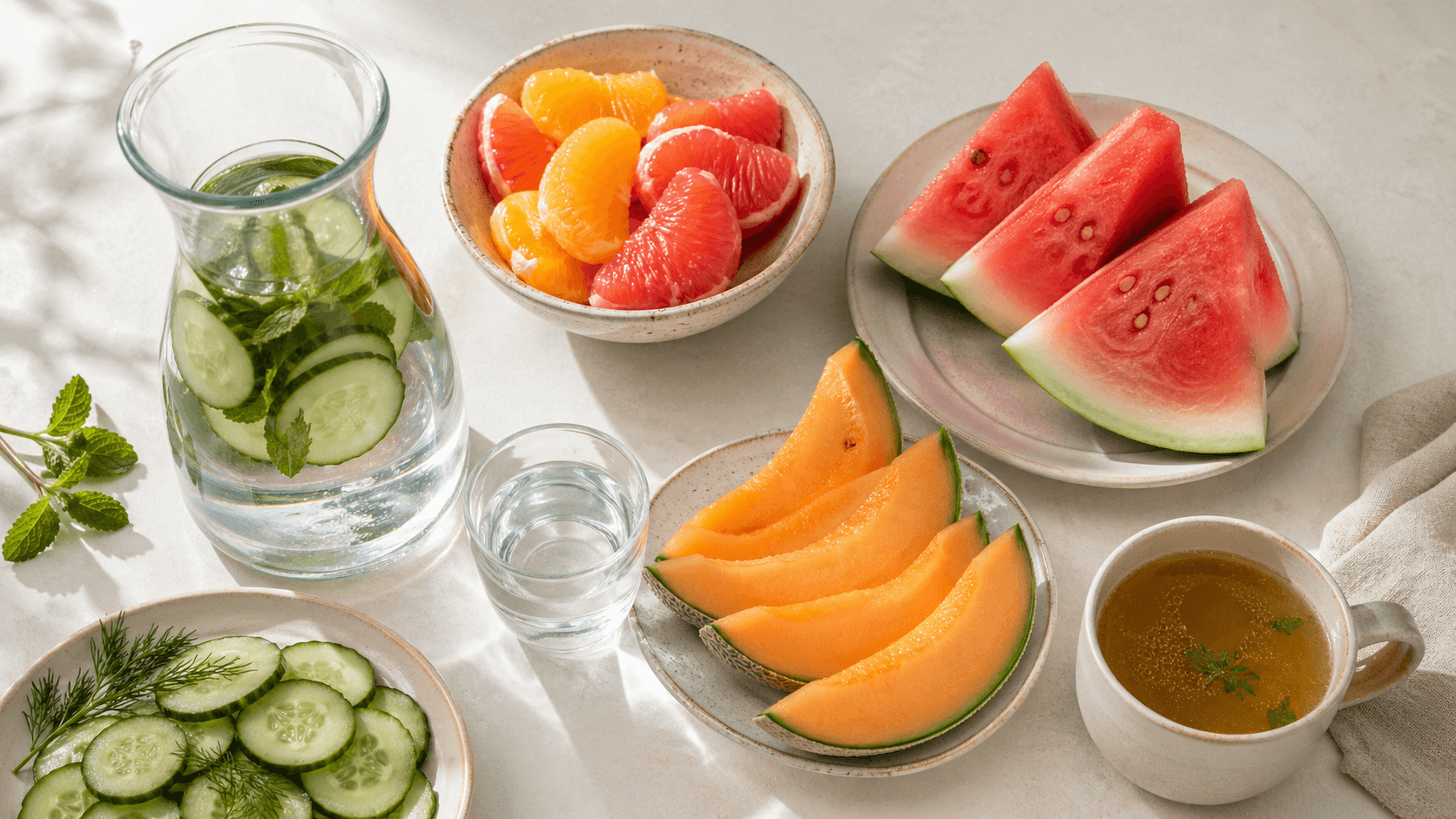 Hydration-forward foods: water carafe, citrus, watermelon, melon, cucumber, broth